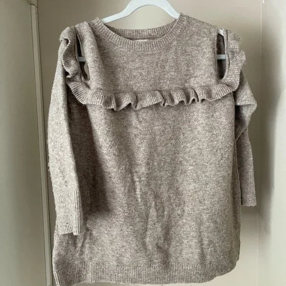 LOFT | Neutral Cold-Shoulder Ruffle Sweater - Picture 2 of 5